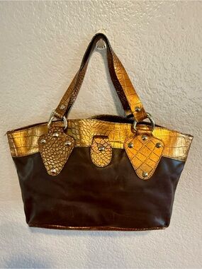 Falor Made In Italy Handbag Bronze leather crocodile Brown Leather Studded